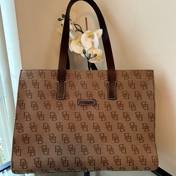 Dooney & Bourke Tan Monogram Tote With Brown Straps and Gold Hardware